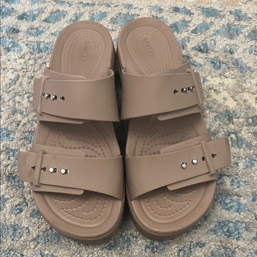 CROCS Taupe Slide Sandals with Buckle